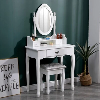 Dressing Table 3 Drawer Makeup Desk Dresser w/Mirror and Stool Bedroom White - Image 1 of 4