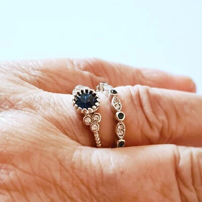 Anel folheado a prata 2 peças de strass azul safira tamanho N - Imagem 1 de 4