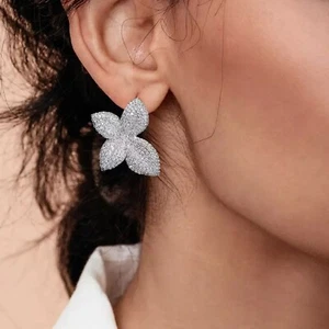 18k White Gold Filled Flower Earrings made w Swarovski Crystal Designer Inspired - Picture 1 of 26
