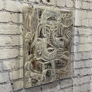 Panel de madera de 40 cm marrón blanco Ganesh Lotus placa de arte de pared tallada a mano - Imagen 1 de 7