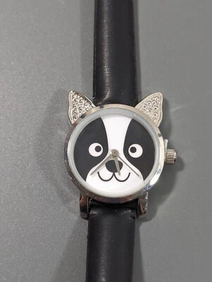 Reloj Mujer Cachorro Perro Cara Negra Blanca Imitación Cuero Funcionando Foto 1 de 4