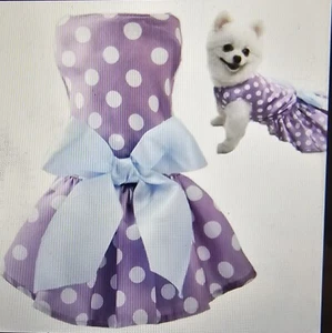 Kooltail Small Dress Dog Puppy Cat Pet Purple w/White Dot & Blue Bow - Picture 1 of 5