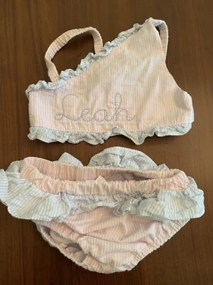 Krewe 2-Piece Swimsuit Size 4T pink blue seersucker "LEAH" monogram cotton - Image 1 of 4