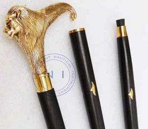 Bastone da passeggio fatto a mano manico ottone antico testa di leone stile vintage legno regalo - Foto 1 di 8