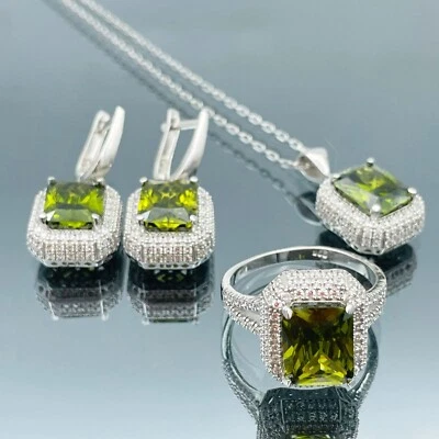 Conjunto de joyas de plata de ley 925 piedra verde peridoto simulado para mujer de moda Foto 1 de 4