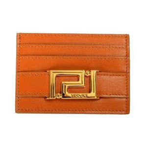 Versace Brown "Greeca" Metal Logo 100% Leather Card Case Holder - Picture 1 of 3