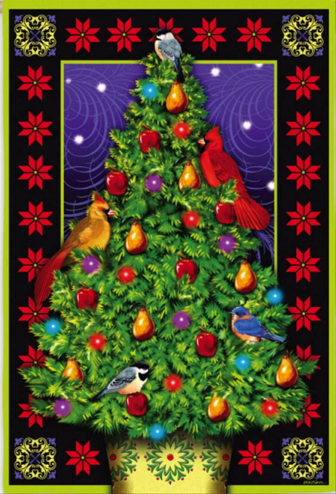 LARGE EVERGREEN 2 SIDED FLAG LUXE CHRISTMAS TREE WITH CARDINALS 29