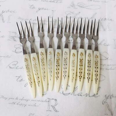 10 Vintage Bakelite Stainless Appetizer Cocktail Forks Made In Japan E1-155 - Image 1 of 4