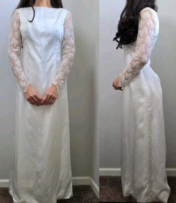 Maxi Vestido Hippie Boda Novia Años 60 70 De Colección Manga Encaje Blanco Satinado! Talla 2  Foto 1 de 4