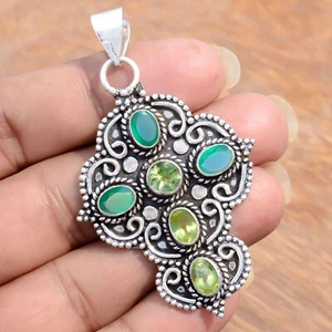 Peridot Cut & Green Onyx Gemstone 925 Sterling Silver Cross Family Gift Pendant - Picture 1 of 8