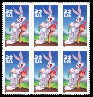 Scott 3138a Block of 6 from 1997 Bugs Bunny Special Die Cut Pane - MNH - Image 1 of 2