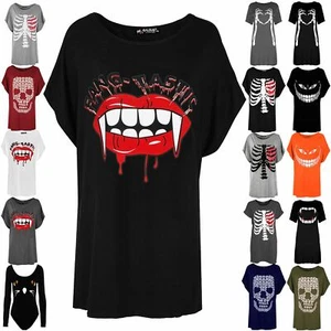 Womens Halloween Loose Fit Fang Tastic Bleeding Lip Top Ladies Batwing T Shirt - Picture 1 of 119