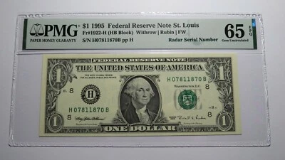 $1 1995 Radar Serial Number Federal Reserve Currency Bank Note Bill PMG UNC65EPQ - Image 1 of 3