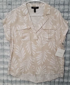 Ellen Tracy Linen Leaf Cap Sleeve Blouse Women's Small V-Neck Top Notched Collar - Picture 1 of 2