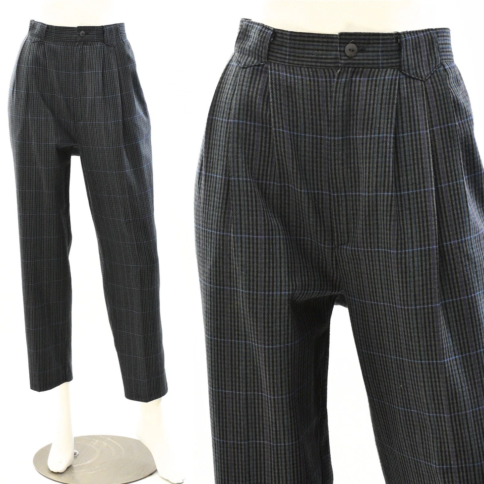 90s Vintage Plaid Hi Waist Pleated Front Tapered Leg Pants Womens 12P - Image 1 of 4