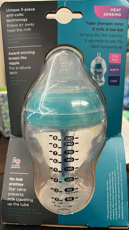 Paquete de 3 biberones Tommee Tippee Advanced anticólicos, detección de calor, 9 oz transparente 3 quilates Foto 1 de 1