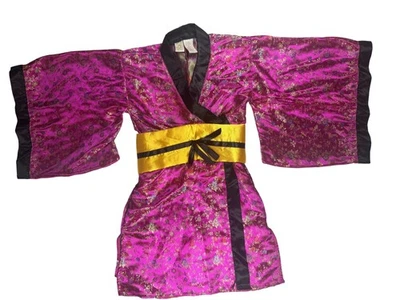 Bata Kimono Rosa Floral Niñas Pequeña 3-4 Años Satén Disfraz Vestir Faja Amarilla Foto 1 de 4