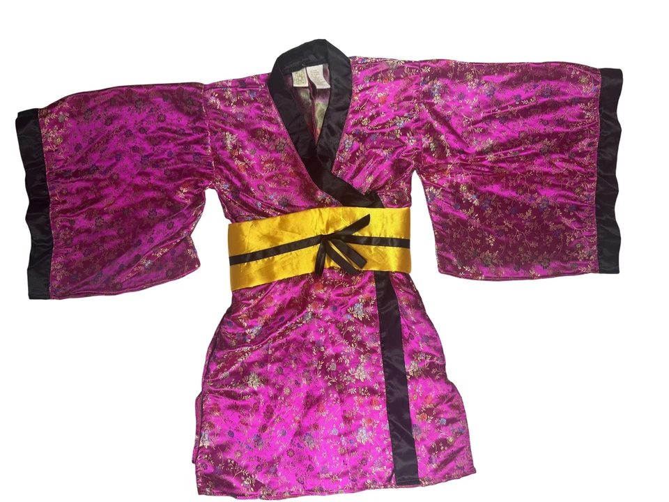 Bata Kimono Rosa Floral Niñas Pequeña 3-4 Años Satén Disfraz Vestir Faja Amarilla Foto 1 de 4