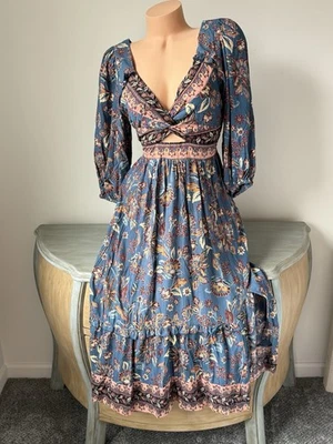 Angie👀Dress L Blue Floral Tiered Twist Peep Beachy Romantic Cottagecore Smocked - Image 1 of 4