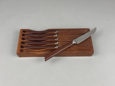 Vintage Teak Holz 6x Messer Set Englisch Sheffield Design Edelstahl In Holzblock - Bild 1 von 4