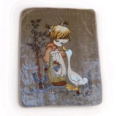 VTG Korean Mink Blanket Precious Moments Girl Goose Duck Cream Beige READ Kids - Image 1 of 4