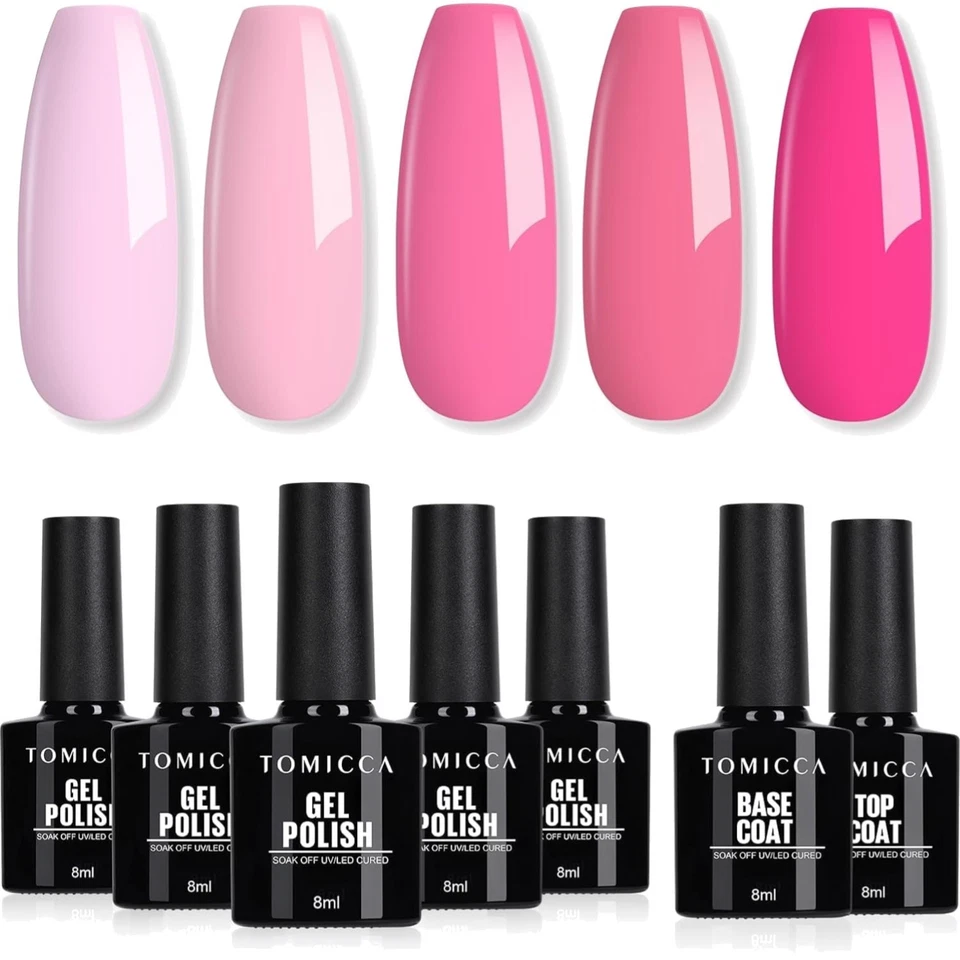 UV Nagellack-Set, 5 pastellige Gel-Nagellacke mit Base & Top Coat, Pink Nagel... - Bild 1 von 1