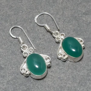 Orecchini pendenti goccia etnica pietra preziosa forma ovale onice verde... - Foto 1 di 7