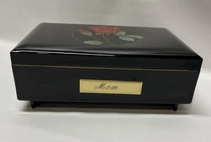 Vintage Black Floral Jewelry Box Made In Japan Musical Mirrored - Picture 1 of 8