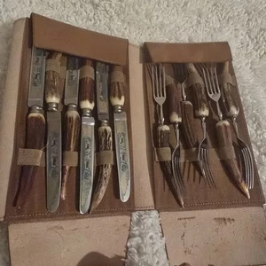 Vintage Solingen Germany Messer und Gabel Hirschhorngriff Set Waltcraft mit Etui - Bild 1 von 24