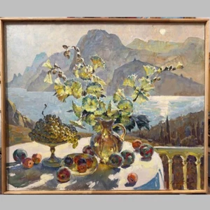 Antigua PINTURA AL ÓLEO a mano naturaleza muerta/noche en Crimea/lienzo ucraniano 45"=1,1 m - Imagen 1 de 5