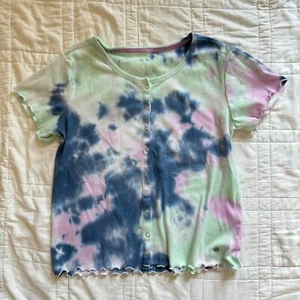 Justice Tie dye hippie shirt girls XXL 16 18 ruffle hem ribbed button down - Picture 1 of 8