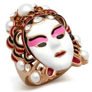 Geisha mask ring white enamel pearl cz rose gold cocktail GL163 - Picture 1 of 4