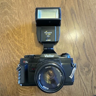 Vivitar V50 Black 35mm w Promaster FT-1700 Flash Manual Focus SLR Film Camera - Image 1 of 4
