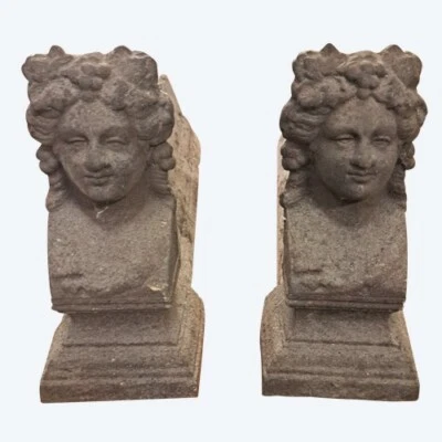 Paire de Chenets de Cheminée buste de femme 19ème haut 20 prof 39 larg 9 cm - Photo 1/4