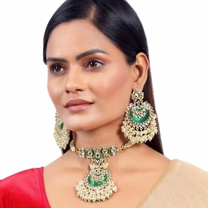 Indian Bollywood Traditional Festive Gold Plated Kundan Pearl Choker NecklaceSet - Picture 1 of 7