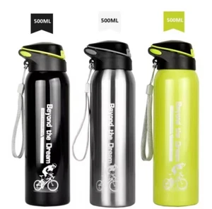 Cycling Water Bottle & straw Stainless Steel Leakproof Travel Flask 500ML Black - Picture 1 of 9
