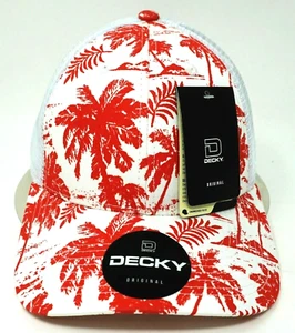 DECKY Snapback Cap Hat Aloha Tropical Palm Trees Mesh Trucker White Red OSFM NWT - Picture 1 of 10