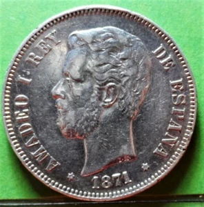 AMADEO I, 5 Pesetas, 1871 *18-75. EBC-, Ag - Picture 1 of 2