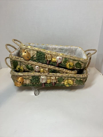 VTG Wicker Basket Nesting Set of 3 Rafia Mushrooms & Veg MCM Rope Handles Cover