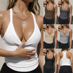 Sexy Women V Neck Sleeveless Solid Slim Vest Ladies Jogger Running Tank Top Cami - Picture 1 of 44