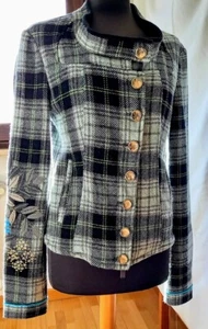 MARITHE FRANCOIS GIRBAUD giacca lana quadri scozzese tartan azzurro nero ricamo - Foto 1 di 8