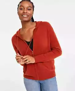 Charter Club Luxury Cashmere Bronze Pecan Zip-Front Hooded Sweater Cardigan L - Picture 1 of 5