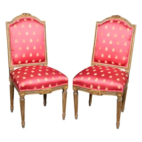 Pair Antique French Louis XVI Painted and Gilded Side Chairs, Circa 1900 Cover