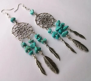 Silver Plate Blue Turquoise Howlite Gemstone Dreamcatcher Dream Catcher Earrings - Picture 1 of 1