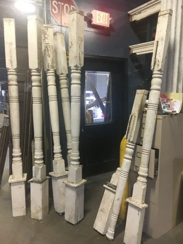 5 turned porch posts 2 pilasters c1900 antique OH farmhouse 92.5” x 4 5/8” sq Cover