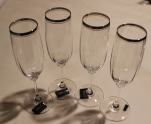 4 MIKASA Fluted Champagne Stephanie Platinum Lead Crystal Austria with Stickers - Picture 1 of 9