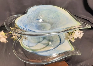 14" Handmade Blue Heart-Shaped Murano? Glass Decorative Fruit Bowl (Imperfect) - Picture 1 of 9