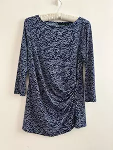 Tahari Top Women's Ruched Blue White Polka Dot Stretch Jersey 3/4 Sleeve Size L - Picture 1 of 8