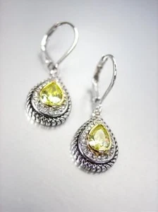 NEW 18kt White Gold Plated Cable Olive Green CZ Tear Drop Leverback Earrings - Picture 1 of 2