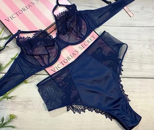 Sujetador de encaje dragón sin forrar lencería de lujo Victorias Secret cintura alta azul transparente  - Imagen 1 de 6